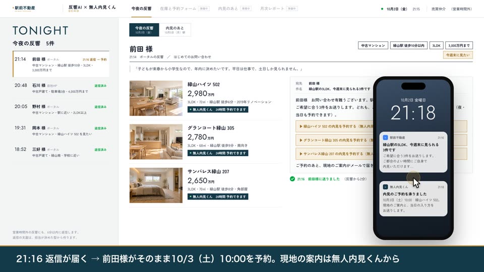 反響から無人内見くんの予約まで（夜のうちに）の画面