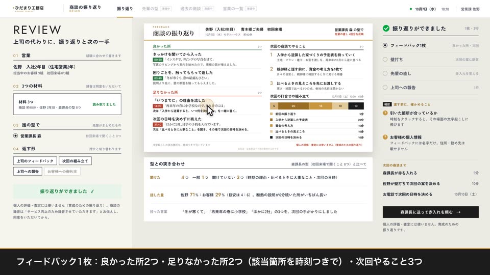 商談の文字起こし → 上司の代わりに振り返りと次回の一手（先輩の赤入れで育つ）の画面
