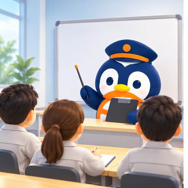 教室でホワイトボードの前に立つペンギン教官と、机に座る社員