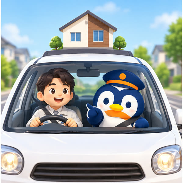 教習車の助手席のペンギン教官と、運転する社員