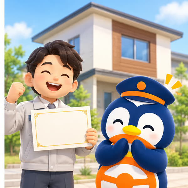 卒業証書を持つ社員と拍手するペンギン教官